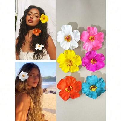 1个夏威夷花朵发夹，女士鸡蛋花芙蓉花发夹，时尚人造花发夹，夏季假日海滩派对发饰，波西米亚风格布艺发夹套装，优雅女士发夹，夏季女士发饰，适合送给女孩的礼物，情人节超值礼物套装，扁平爪夹，发夹，发爪，学习用品