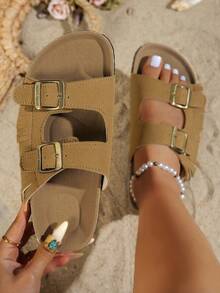 Sandalias de corcho suave con hebilla y flecos en marrón para mujer, estilo retro bohemio casual para exteriores, playa y vacaciones, recomendadas por influencers, sandalias planas minimalistas francesas - Marrón - Ver 10