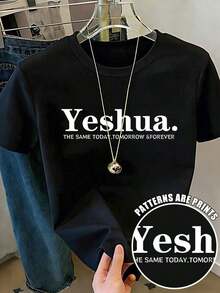 Camiseta de mujer de cuello redondo con estampado de letra para el verano, informal, de manga corta, con gráficos "Yeshua EL MISMO HOY, MAÑANA Y POR SIEMPRE" - Negro - Ver 7