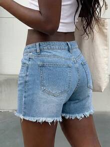 Quần short nữ denim màu sáng, kiểu dáng tối giản, cá tính, đa năng, thích hợp mặc hàng ngày và đi nghỉ mát, gấu quần tua rua, thiết kế 4 nút. - Rửa nhẹ - Xem 4