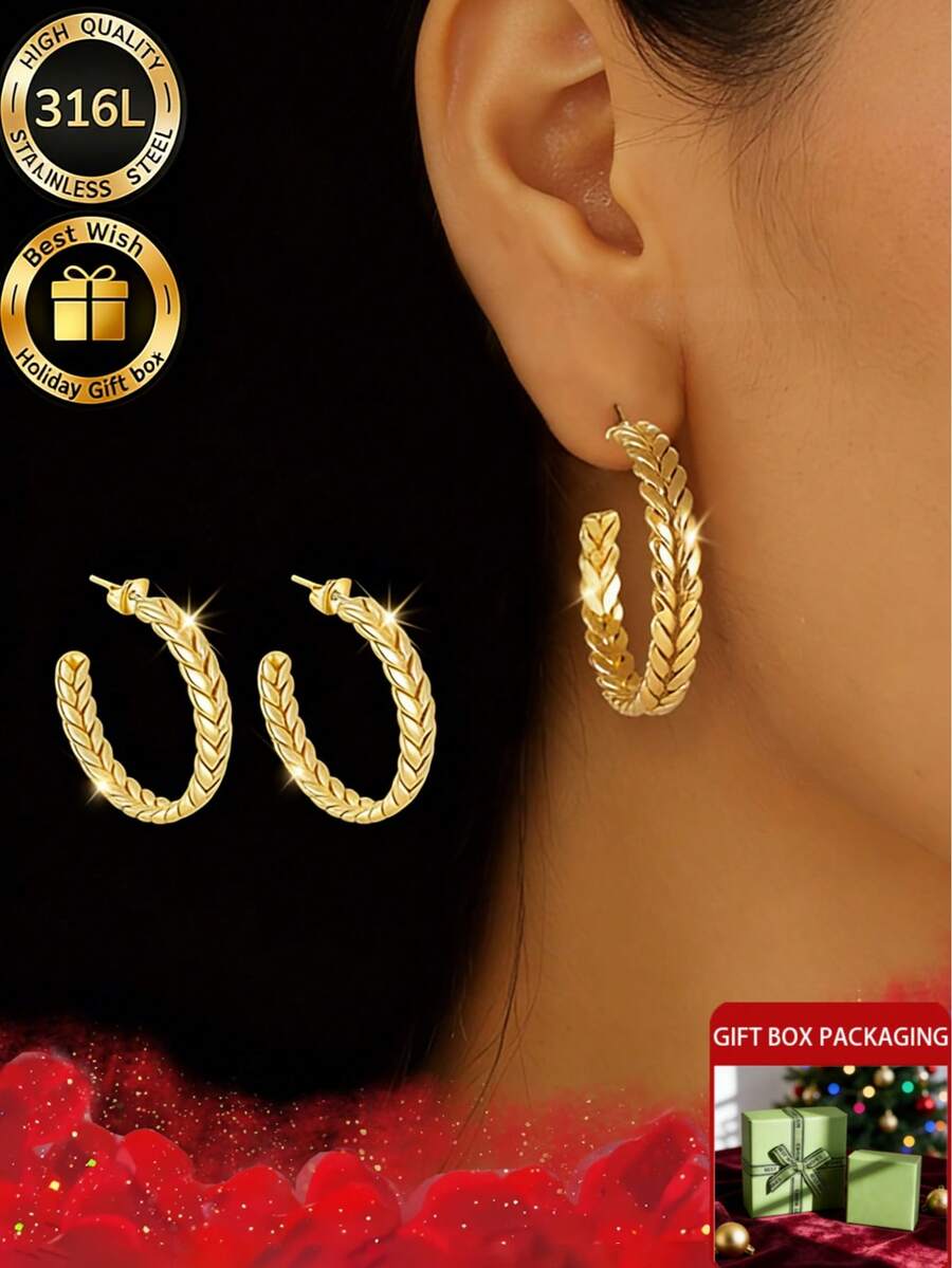Two Pieces Set Of Simple C-Shaped Golden Wheat Ear Earrings+Thoughtful Ear Protection And Ear Care Needles, Suitable For Wearing New Ear Holes And Various Occasions And Festivals Such As Parties, Anniversaries, Birthdays, Etc., Equipped With High-Quality And Exquisite Gift Boxes - Gold - View 1
