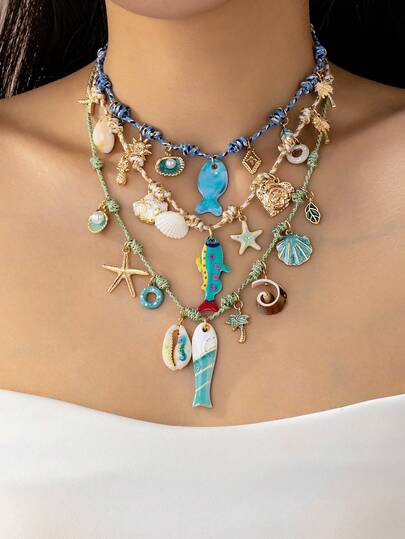 1 pieza Collar bohemio de playa de verano para mujer - Conjunto de collares con encantos de tema oceánico - Collar de cuerda colorida con colgante de estrella de mar de vida marina - Joyería de playa bohemia para vacaciones