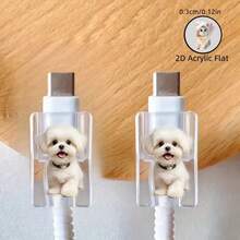 2pcs Cute White Maltese Dog Pattern Acrylic Data Cable Protector, Anti-Breakage, Stylish And Durable, Suitable For Type-C Phone Charging Cables - Multicolor - View 3