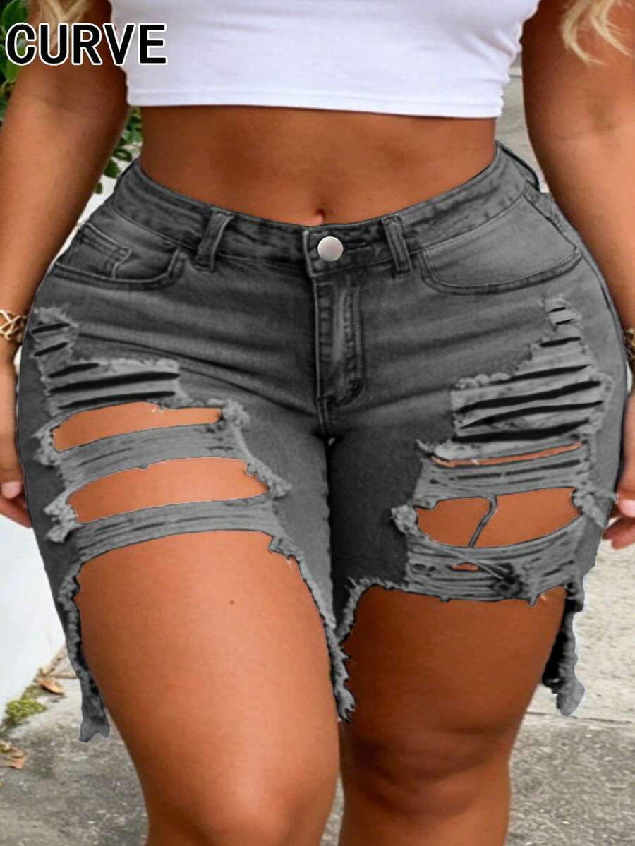 Plus Size Women's Light Blue Washed Denim Capri Shorts With Pockets - Dark Grey - View 1