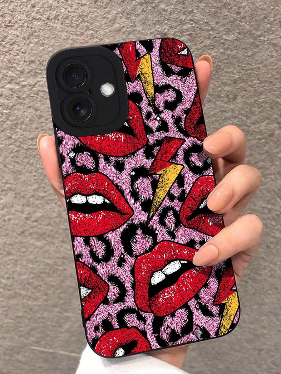 1pc Fashionable Leopard Print Red Lip Pattern Black Phone Case, TPU Shockproof Full Coverage Protective Shell, Suitable For IPhone 17/17 Pro/17Pro Max/17 Air/16/16e/16Plus/16Pro/16Pro Max/15/15Plus/15Pro/15Pro Max/14/14Plus/14Pro/14Pro Max/13/13Mini/13Pro/13Pro Max/12/12Mini/12Pro/12Pro Max/11/11Pro/11Pro Max/7/7Plus/8/8Plus/X/Xs/Xs Max/Xr, Durable Full Protection, Fashionable Anti-Drop Design, Suitable For Party Use Or Gift Giving - Black - View 1