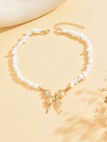 1 pièce Collier élégant et à la mode avec perles et pendentif papillon doré charmant. Collier ras-du-cou romantique pour femme, convient pour le port quotidien et les fêtes - Multicolore - Voir 2