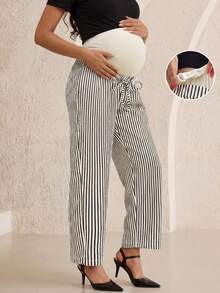 Maternity Contrast Stripe Drawstring Waist Loose Casual Pants, Suitable For Vacation And Home Wear, Spring/Summer/Autumn (JH25124) - Black - View 1