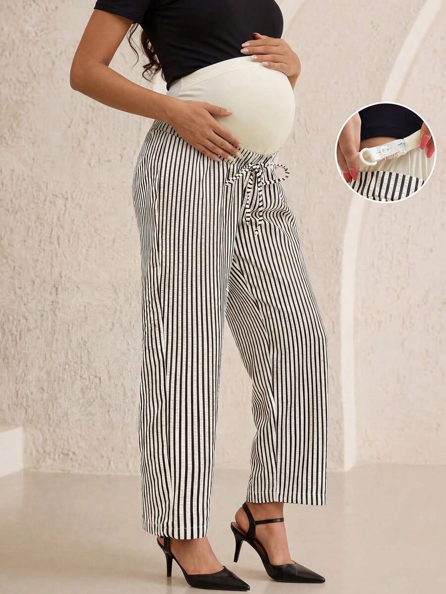 Maternity Contrast Stripe Drawstring Waist Loose Casual Pants, Suitable For Vacation And Home Wear, Spring/Summer/Autumn (JH25124) - Black - View 1