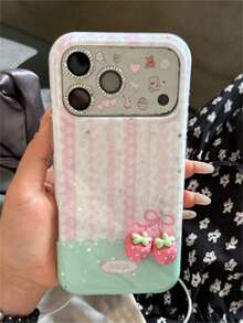 可爱3D粉色草莓波点蕾丝拼接图案闪亮亮片手机壳，兼容 17 Pro Max、17 Pro、16 Pro Max、15 Pro Max、14 Pro Max、13 Pro Max、14、15、16 Plus、12 Pro Max、11，夏季闪亮星星亮片亮面IMD软后盖 - 草莓 - 查看 4