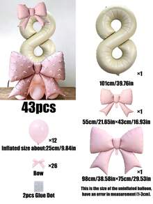 43pcs Birthday Theme 0-9 Number Balloon Set, 40-Inch Cream Color Number Foil Balloons, Pink Bow Balloons, Pink Latex Balloons, Bow Ribbon Accessories Suitable For Birthday Party, Anniversary Decoration - Birthday Suit - View 19