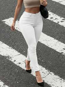 Women's Mid-Rise Stretch Denim Skinny Jeans | Booty-Lifting Slim-Fit Curvy-Fit Trousers - White - View 5