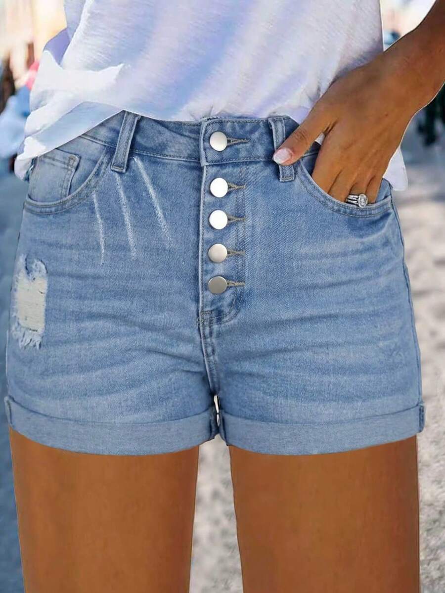 Women's Denim Shorts, Casual Roll-Up Hem Design With Cat Whisker Details At Ankle, Perfect For Lightweight Summer Styling - Light Wash - View 1