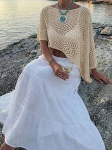 Women's Asymmetrical Hem Knit Top, Suitable For Beach & Vacation In Summer - Apricot - View 5