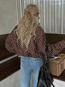 Chaqueta bomber de mujer casual y elegante con lunares azules para vacaciones, chaqueta exterior corta y con estilo, moda callejera Y2K, adecuada para vacaciones y deportes - Marrón - Ver 5