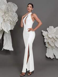 Halter Neck Knitted Bandage Dress, European And American Luxury New Arrival Evening Gown, Fashion Sexy Bodycon Dress For Family Parties, Cocktail Parties Wedding Party White - White - View 4