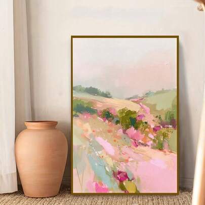 1幅现代抽象无框帆布画 - 粉色花海与绿色植物墙画，竖幅，适用于客厅、卧室装饰，多种尺寸可选，室内/室外装饰礼品，客厅装饰