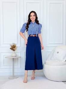Short-Sleeved Striped Blouse With Puff Sleeves, Bow, And Button. - Blue - View 2