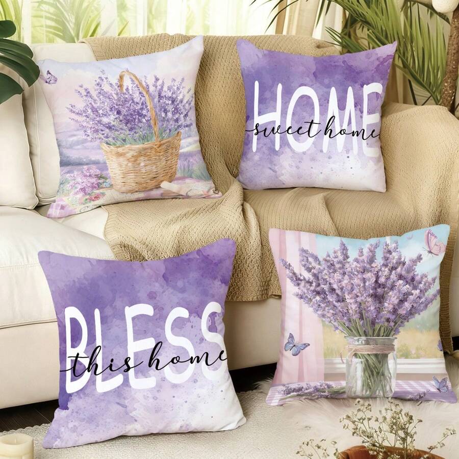 MEMNUN 4件套夏季清新薰衣草花束蝴蝶篮印花抱枕套（不含枕芯），尺寸：17.7*17.7英寸（45*45厘米）/19.69*19.69英寸（50*50厘米）/15.75*15.75英寸（40*40厘米），单面印花，涤纶材质，“家，甜蜜的家，祝福这个家”复古花卉图案抱枕套，适用于房间装饰、家居装饰、卧室装饰、沙发、客厅、卧室、汽车、办公室、酒店、民宿等场所，是馈赠亲朋好友的完美礼物。
