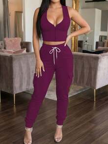 New Summer Women 2pcs Set, Casual Comfortable Solid Sleeveless Tank Top & Elastic Waist Pocket Long Pants - Màu tím 262 - Xem 4