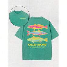 Men's Casual Summer Washed Cotton T-Shirt [Old Row Outdoor] Fish Print, Round Neck, Short Sleeves, Lightweight Cotton Knitted Fabric, Casual Summer Ro - 草綠色 - 查看 1