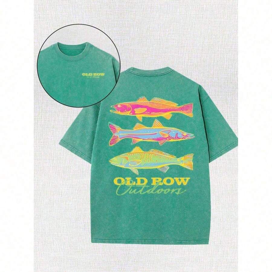 Men's Casual Summer Washed Cotton T-Shirt [Old Row Outdoor] Fish Print, Round Neck, Short Sleeves, Lightweight Cotton Knitted Fabric, Casual Summer Ro - 草綠色 - 查看 1