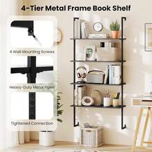 4-Tier Wall-Mounted Bookshelf, Industrial Modern Floating Storage Display Shelves With Metal Frame, Wall-Mounted Ladder Wooden Bookcase For Living Room, Kitchen, Bar, Office (1, Black) - Đen - Xem 5