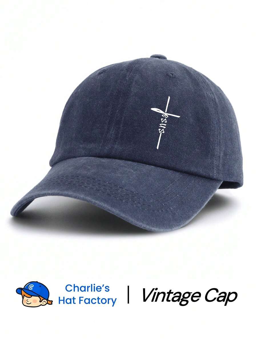 1 Pc Jesus Cross Printed Baseball Cap,Solid Color Washed Distressed Casual Sports Hats Lightweight Adjustable Dad Hat For Women & Men - 耶穌 - 查看 1