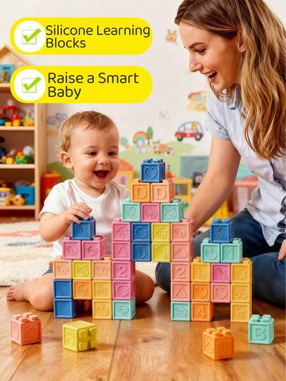 婴儿积木，幼儿叠叠乐玩具，8/16/24 片装软质益智积木 - 数字、形状、颜色、动物 - 推拉式 - 适合婴幼儿叠叠乐玩具，颜色随机