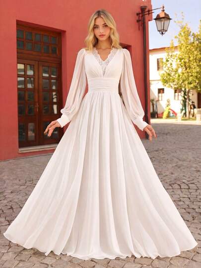  UNITHORSE Women's V-Neck Lantern Sleeve Luxury Lace Patchwork Decor Slim-Fit White Lightweight Wedding Dress, Bridal, All-White Party Gown