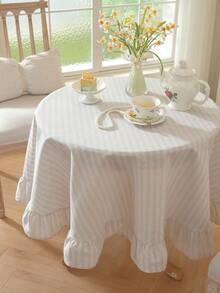 1pc Japanese Style Solid Color Rattan Lotus Edge Round Tablecloth, Woven Fabric, Suitable For Small Gardens, Outdoor Cafes, Kitchens, Bedrooms, All-Season Dining Table Decor - Yarn-dyed Rice Stripe Ruffles - View 15