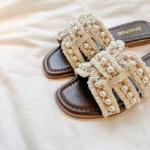 2026夏季新款女士法式珍珠拖鞋，时尚平底凉鞋，沙滩拖鞋 - 米白色 - 查看 8