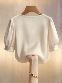 Women Elegant Champagne Satin Shirt Faux Pearl Puff Sleeve Notched Neck Loose Fit Casual Commuter Wear Dating Valentine's Day Fashionable - 杏色 - 查看 2