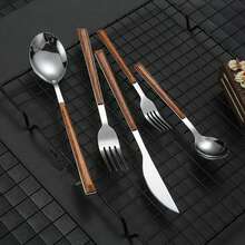 30pcs Stainless Steel Cutlery Set, Silverware Set With Wooden Grain Handles, 5-Person Setting, Dishwasher /Easy Clean, Mirror Polished - Silver - View 5