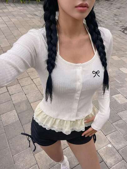 Rikumo Y2K复古美学仿两件式设计上衣，休闲蕾丝长袖衬衫，2000年代性感露背T恤，适合休闲外出，可搭配牛仔裤，秋冬白色春季款