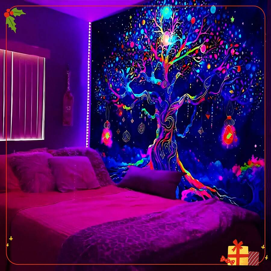 1pc Glow In The Dark Tree Tapestry, UV-Reactive Blacklight Tree Hanging Wall Art, Nature Landscape Decor For Bedroom, Living Room (Requires UV Light To Activate Glow Effect) Gifts Birthday Graduation Room Decor Tapestry For Room Wall Tapestry Flag Home Decor School Decor School Surprise Dormitory Decor Back To School Room Decoration Stuff Bedroom Decor School Supplies, Durable, Dustproof, Easy To Hang, Foldable, Multi-Purpose, Machine Washable, Suitable For Men And Women, Wall Tapestry, Tapestry Funny, Home Decor Living Room, House Decor, Outdoor Decor, Gaming Stuff For Room, Kitchen Decor, Decorations For Bedroom - A - Xem 1