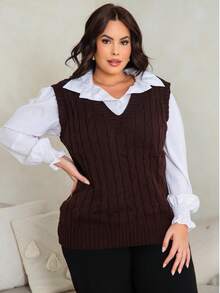 Plus Size Knitted Braided V-Neck Vest For Women - Autumn/Winter - Elegant - Rỉ Nâu - Xem 2