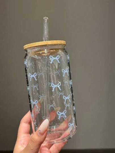 1 sztuka, różowy/niebieski wzór kokardy, 16-uncjowy przezroczysty kubek do kawy z bambusową pokrywką i słomką, duża pojemność, przenośny kubek do napojów/soków, letnie/zimowe przybory do picia, prezent urodzinowy/święto/impreza, prezent świąteczny, szklana butelka na wodę