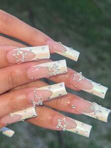 24pcs Trapezoid Press-On Nails, Dreamy Aurora Silver Rhinestone Star Manicure Set With Translucent Nude Pink Base, Aurora White French Tips And Full Rhinestone Star Decor, Suitable For Parties, Music Festivals Or Occasions Seeking Unique Attention-Grabbing Style - Multicolor - View 2