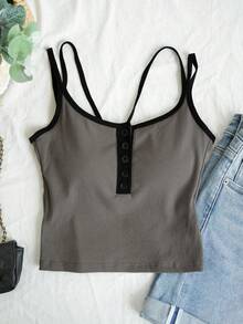 2026 Summer Colorblock Cropped Camisole Top, Sexy Fitted Sleeveless Shirt With Button Decor, Backless & Midriff Revealing Design Casual - Dark Grey - View 8