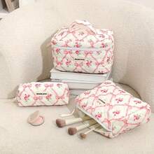 Bộ túi đựng mỹ phẩm nơ hoa hồng màu hồng, túi đựng đồ trang điểm bằng vải cotton chần bông, túi đựng đồ vệ sinh cá nhân dễ thương kiểu sinh viên, thích hợp cho du lịch và sử dụng hàng ngày. - Nhiều màu - Xem 3