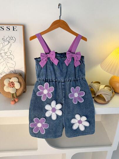 Young Girl Summer Girls' Fashion Cute Shoulder Strap Bow Tie 3D Sunflower Decor Jumpsuit, Suitable For Daily, Outdoor, School, Commute, Street, Vacation