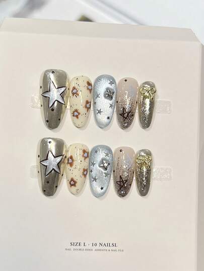 1package/10pcs-Metallic Star & Cow Print Almond Press On Nails | 3D Bow & Star Decor | Y2K Edgy Fake Nails