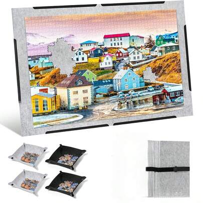 Bảng ghép hình gấp gọn | Thảm ghép hình bằng nỉ với bề mặt chống trượt và 4 khay phân loại đen trắng, hộp đựng và bảo vệ bằng sợi polyester di động, phù hợp cho các bộ ghép hình từ 1500 mảnh trở lên, màu xám