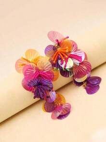 Handmade Colorful Hot Pink Shell Sequin Beaded Flower Drop Earrings Statement Earrings For Girl And Women Gift For Her Summer Vacation Beach - 色彩繽紛 - 每隻耳環由 4 朵手工製作的花朵組成 - 查看 1