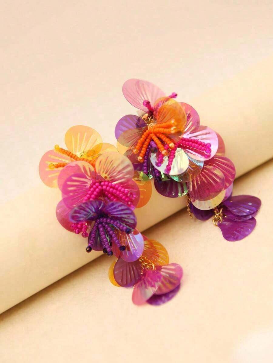 Handmade Colorful Hot Pink Shell Sequin Beaded Flower Drop Earrings Statement Earrings For Girl And Women Gift For Her Summer Vacation Beach - 色彩繽紛 - 每隻耳環由 4 朵手工製作的花朵組成 - 查看 1