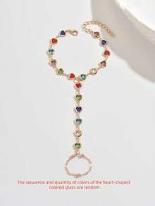 1条波西米亚风彩色心形指链，女士复古金色多色宝石一体链，优雅简约手链，独特沙滩配饰（彩色心形玻璃随机发货） - 彩色 - 查看 5