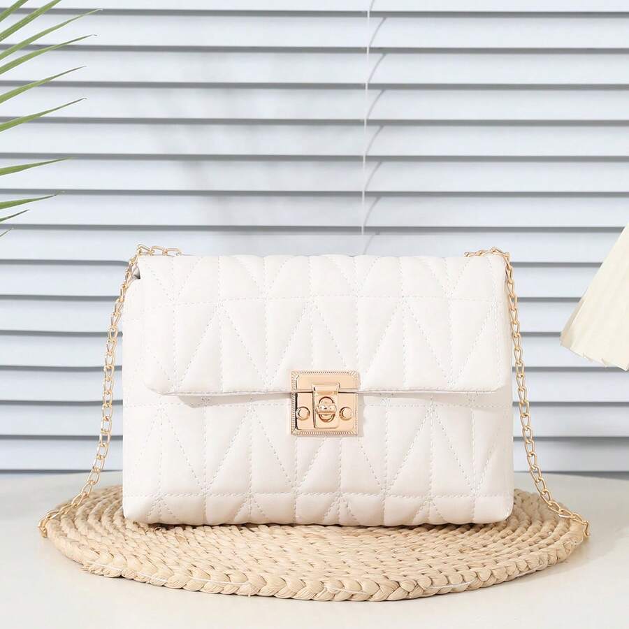 刺绣锁扣休闲单肩包，链条格纹斜挎包，时尚百搭手提包，女士纹理休闲钱包 - 白色 - 查看 1