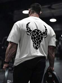 Áo thun nam cổ tròn in hình đầu bò hình học, phong cách đường phố Mỹ. - trắng - Xem 1