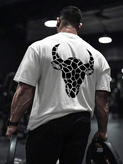 几何牛头印花T恤，男士休闲圆领上衣，美式街头风