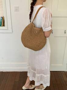 Túi đeo vai hình lưỡi liềm bằng rơm tự nhiên, màu trơn tối giản, phong cách Pháp giản dị, thích hợp cho mùa xuân/hè đi biển, đi làm, dạo chơi. Dây đeo bằng da PU có thể điều chỉnh, dùng hàng ngày đi làm, mua sắm, kỳ nghỉ hè ở biển, dã ngoại. - Màu Khaki - Xem 6